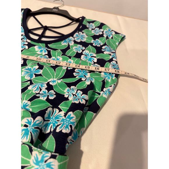 T by Talbots Blue Green Hawaiian Print Dress Tie Waist Navy Trimmed Caged Back - Picture 10 of 16